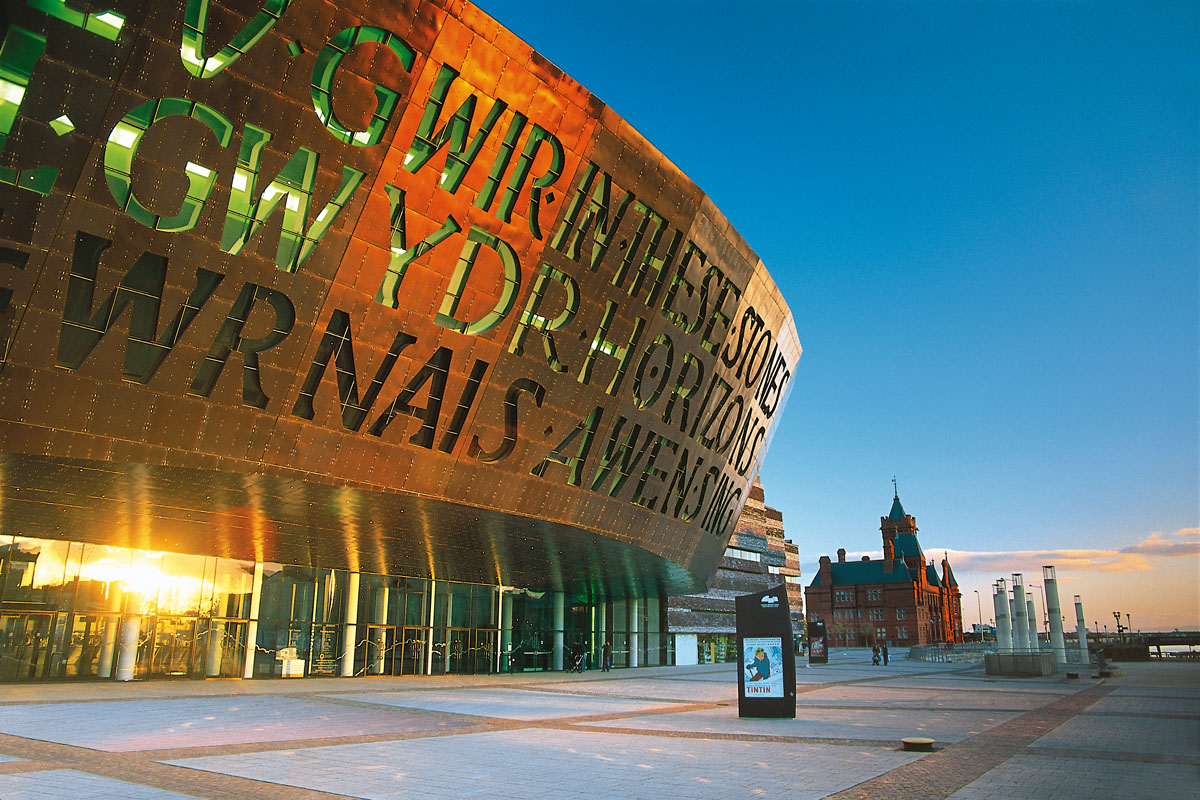 The Wales Millennium Centre at sunset