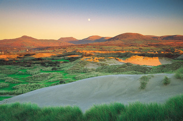 The Rhinog Mountains from Shell Island sand dunes